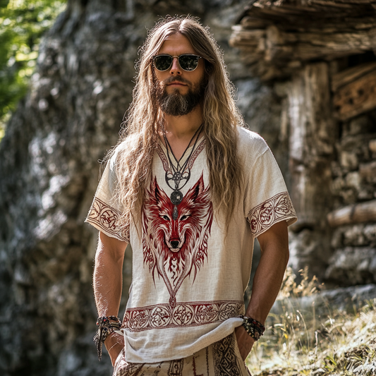 Men's Retro Viking Wolf Rune Print Casual T-shirt artswardrobe