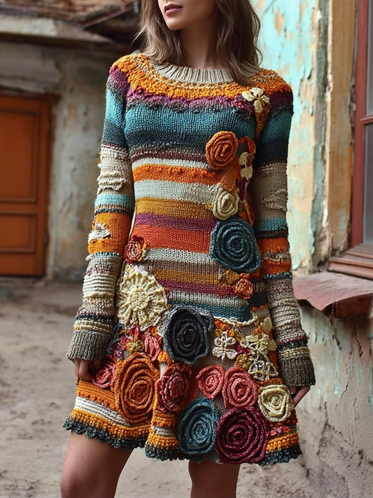 Comstylish Retro Bohemia Flower Crochet Striped Midi Sweater Dress