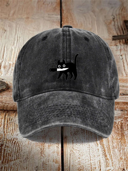 Funny Black Cat Print Washed Hat elevenforest