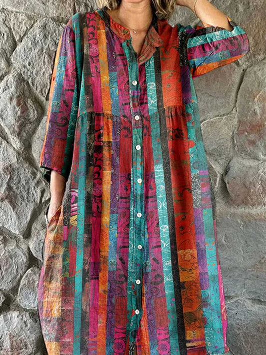 Women's Art Abstract Floral Pattern Shirt Style Cotton and Linen Dress