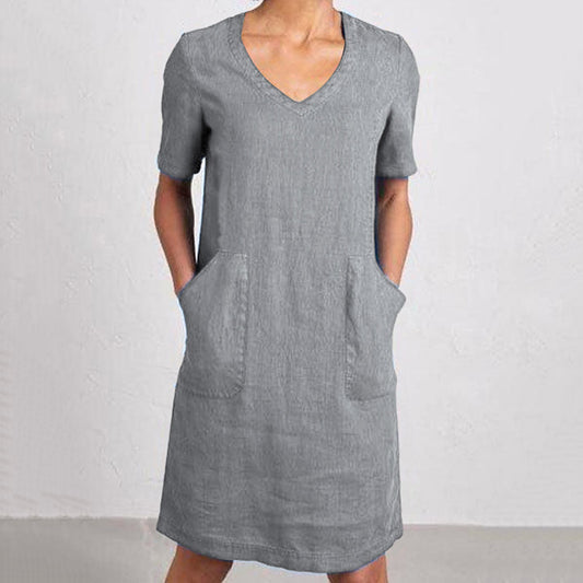 Women's Retro Solid Color Cotton And Linen V-neck Pocket Dress artswardrobe
