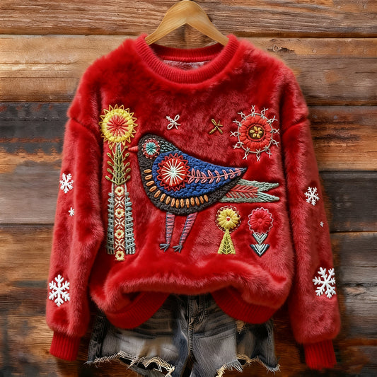Comstylish Women's Vintage Plush Folk Snowflake And Bird Pattern Christmas Pullover
