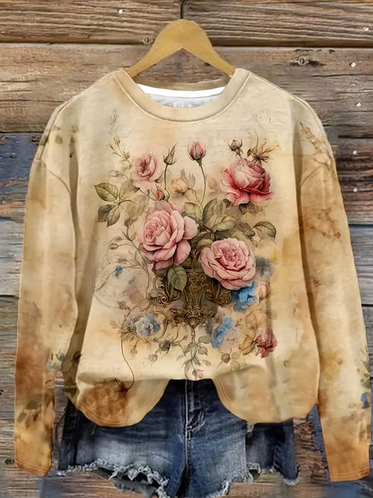 Women's Autumn Retro Flowers Print Sweatshirt artswardrobe