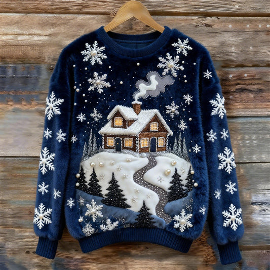 Christmas Fairytale Town Snowflake Art Women's Cozy Plush Sweater