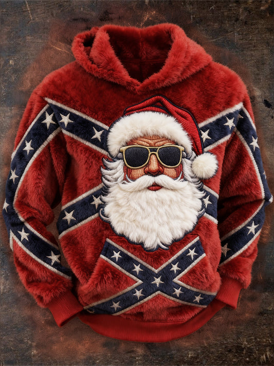 Comstylish Men's Christmas Dixie Rebel Santa Claus Cozy Plush Hoodie