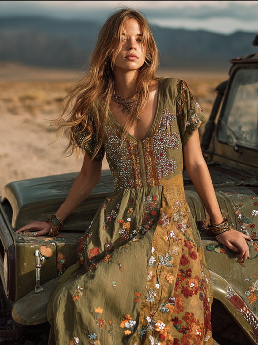 Bohemian Floral Pattern Multi-color Patchwork Three-dimensional Flower Embroidery Vintage Movie Green V-neck Short-sleeved Long Dress