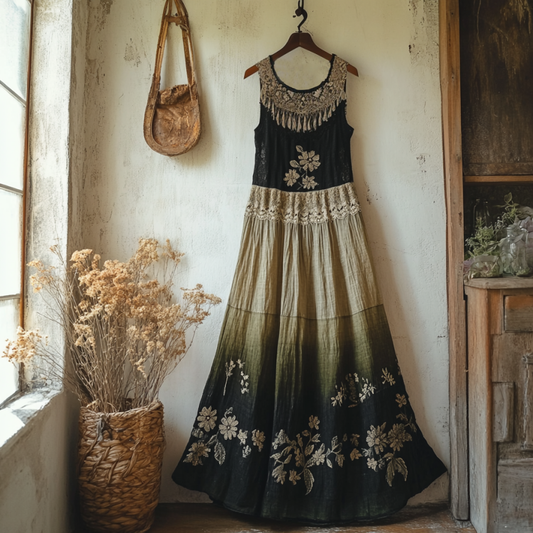 Boho Gradient Floral Embroidered Pattern Lace Patchwork Art Linen Dress artswardrobe