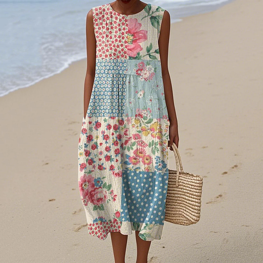 Vintage Loose Floral Patchwork Art Linen Tank Dress artswardrobe