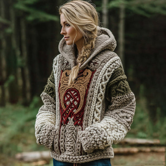 Women's Celtic Knot Irish Jacquard Contrast Print Knit Hoodie artswardrobe