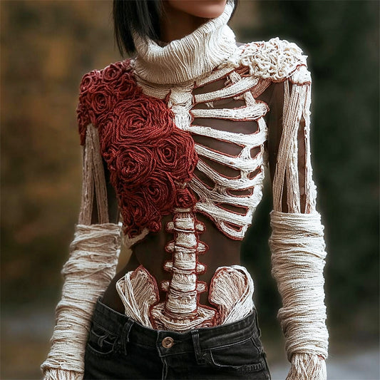 Comstylish Halloween Skeleton Rose Bandage See-through Art Knit Women's Turtleneck Sweater