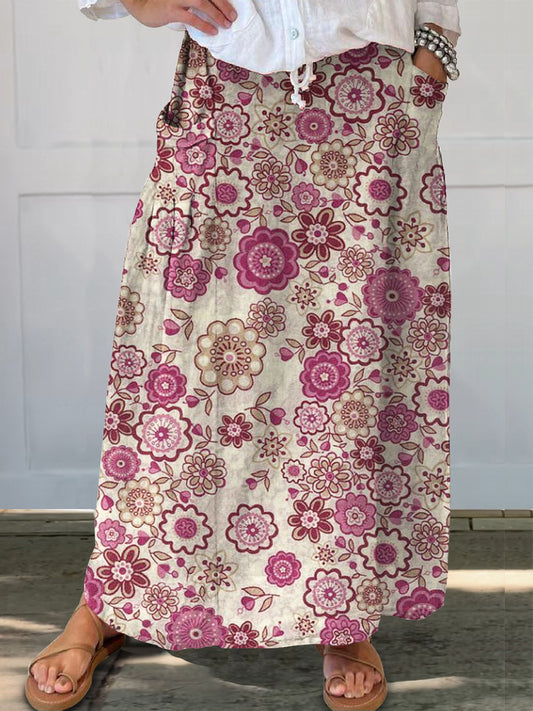 Women's Ethnic Flower Print Linen Pocket Skirt