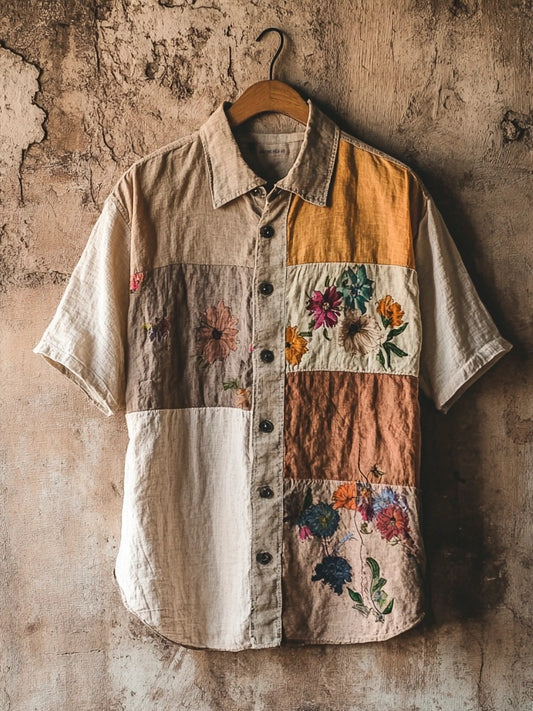 Boho Floral Colorblocking Men's Linen Short Sleeve Shirt artswardrobe