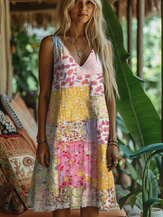 Rustic Floral Print Women's Linen Vest Dress artswardrobe