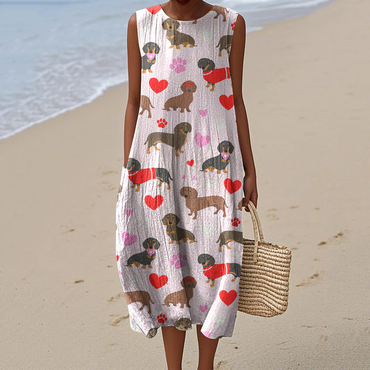 Comstylish Vintage Cute Dachshund Art Print Linen Sleeveless Dress