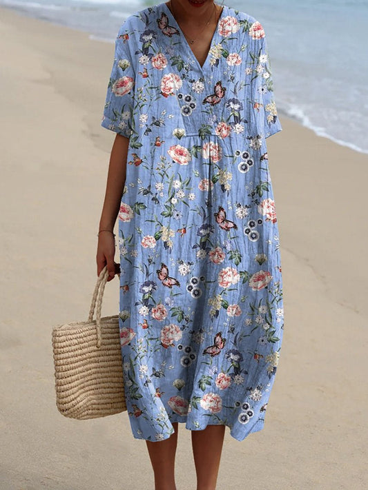 Spring Butterfly And Floral Pattern Printed Women's Flowy Dress