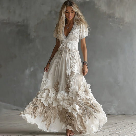 Women's Vintage Boho Floral Art  Short-sleeved Maxi Dress