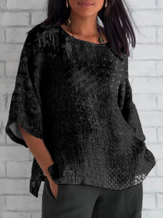Comstylish Japanese Traditional Sashiko Art Linen Blend Tunic