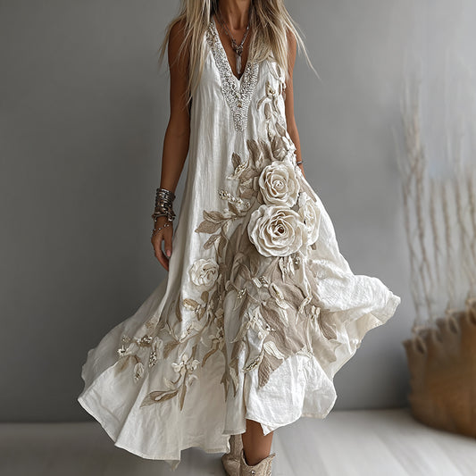 Women's Vintage White Floral Embroidery Art Linen Maxi Dress artswardrobe