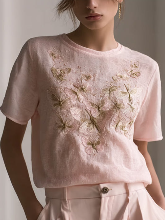Comstylish Women's Retro Pink Butterfly Embroidery Art Print Round Neck Short Sleeve T-shirt