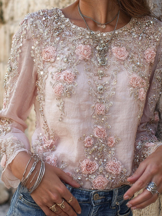 Comstylish Vintage Pink Roses Embroidered Crew Neck Linen Tunic
