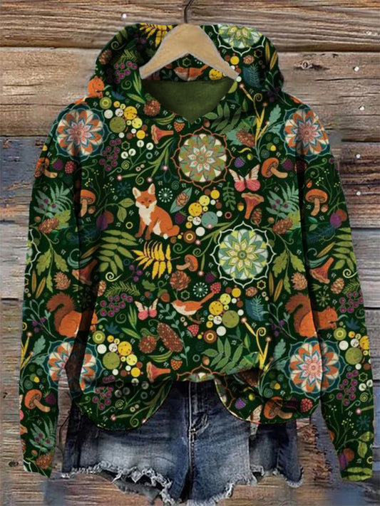 Forest Animals Floral Pattern Cozy Hoodie artswardrobe
