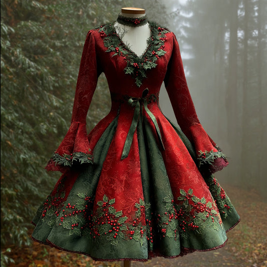 Comstylish Women's Christmas Holly Leaf And Berry Contrast Midi Dress