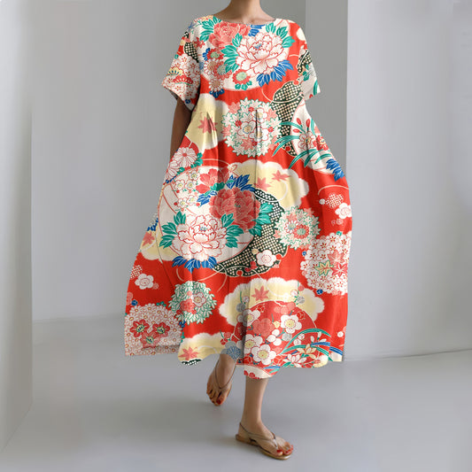 Comstylish Vintage Japanese Art Print Round Neck Loose Casual Midi Dress