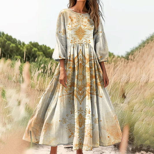 Women's Mandala Embellished Pattern Art Print Cotton Crew Neck Dress