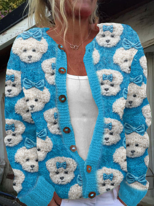Comstylish Cute Bichon Frise Dog Pattern Cozy Knit Cardigan