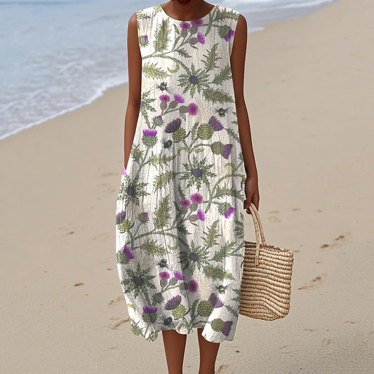 Women's Vintage Scottish Thistle Print Linen Sleeveless Dress artswardrobe