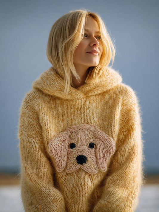 Comstylish Cute Dog Head Embroidered Cozy Hooded Sweater