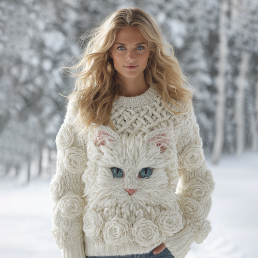 Women's Cute Cat Rose Art Knitted Warm Sweater elevenforest