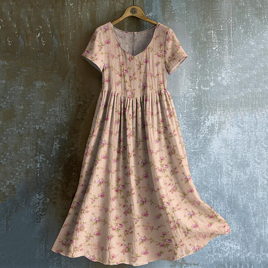 Women's Vintage Rose Print V-neck Short Sleeve Linen Blend Midi Dress artswardrobe