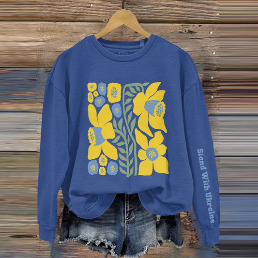 Comstylish Women's Stand With Ukraine Flowers Print Crew Neck Sweatshirt