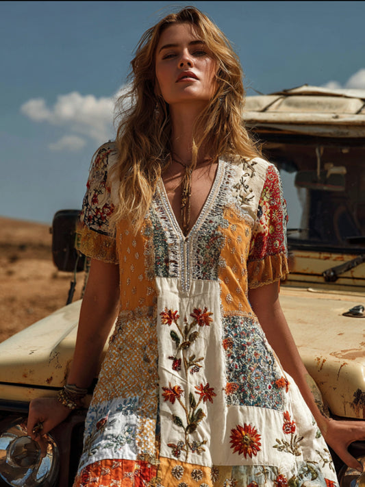 Bohemian Floral Pattern Multi-colored Patchwork Three-dimensional Embroidery Vintage Color V-neck Short-sleeved Long Dress