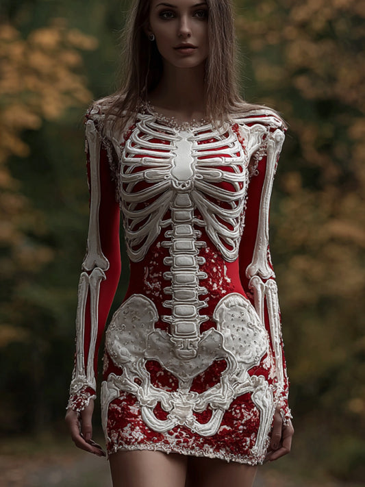 Comstylish Women's Halloween Skeleton Floral Embroidered Dress