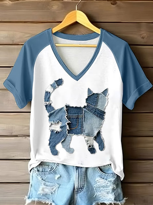 Comstylish Women's Retro Funny Denim Patch Animal Cat Print Raglan Short Sleeve T-shirt