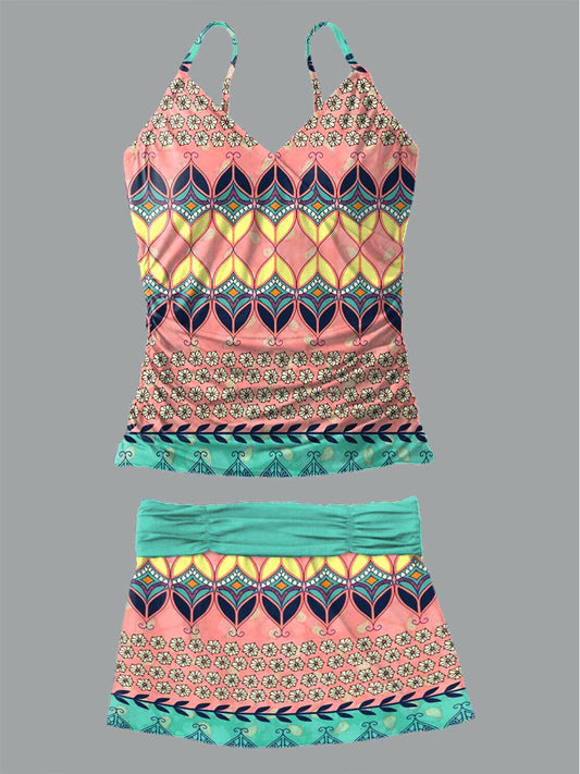 Women's Geometric Print Suspender Shirred Swimsuit Set