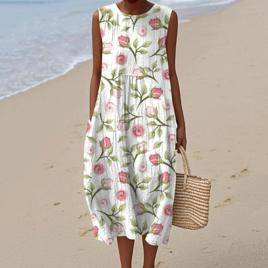 Women's Vintage Floral Art Print Design Midi Tank Dress artswardrobe