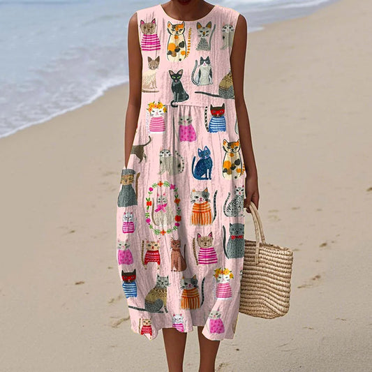 Comstylish Women's Cute Cat Art Print Linen Dress