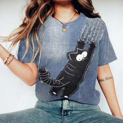 Retro Fun Lovely Black Cat Applique Art Crewneck Cozy T Shirt elevenforest