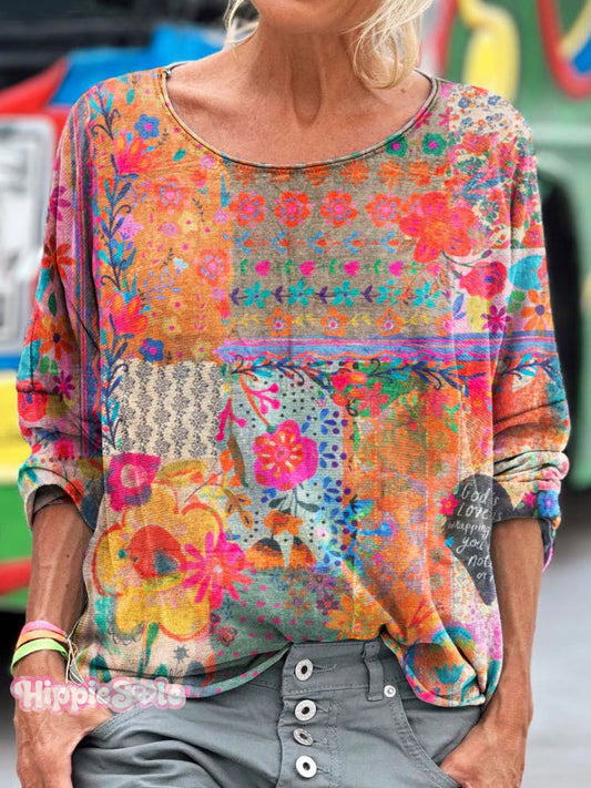 Women's Vintage Retro Floral Art Print Casual Long Sleeve T-shirt