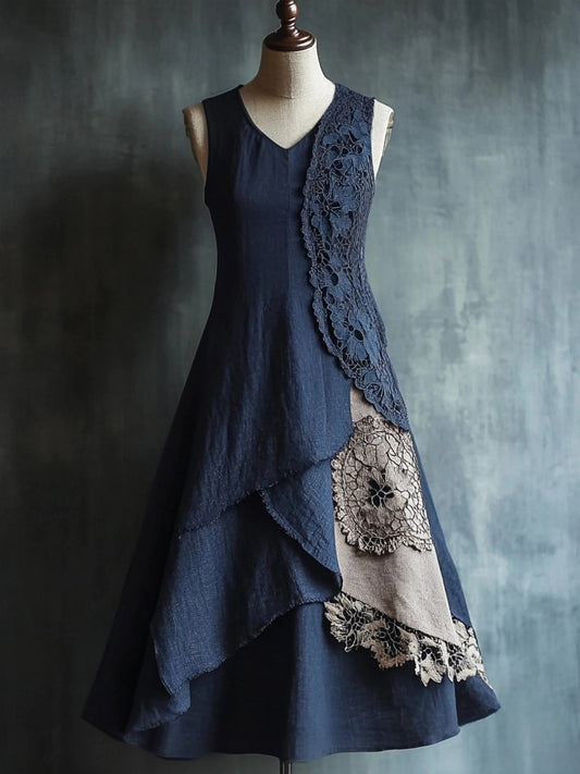 Elegant Lace Patchwork V Neck Linen Maxi Dress artswardrobe