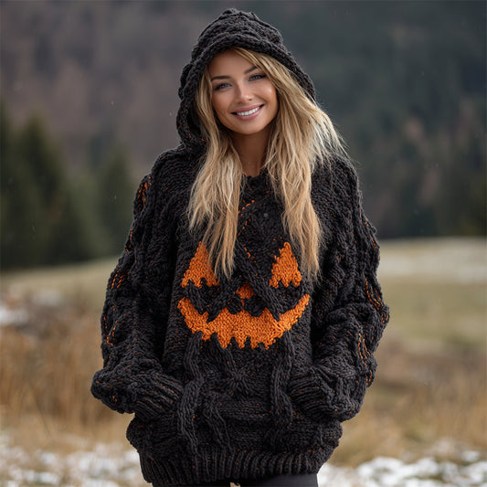 Halloween Pumpkin Face Women's Chunky Knit Hooded Sweater artswardrobe