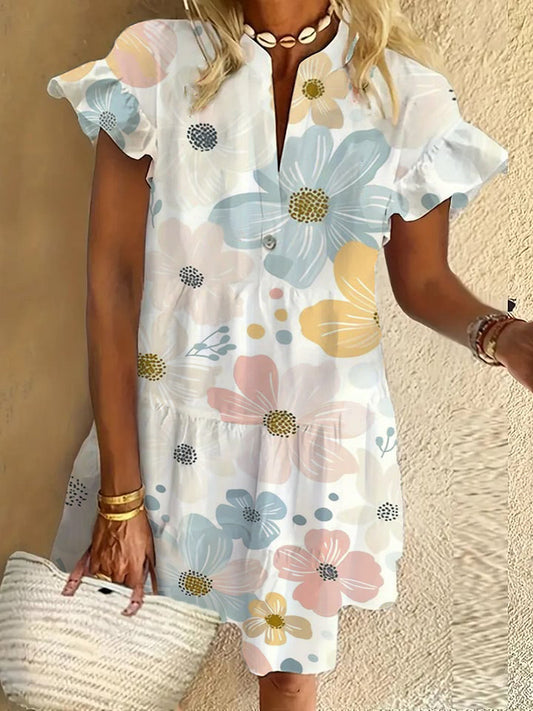Flower ruffle short-sleeved V-neck button dress holiday beach dress
