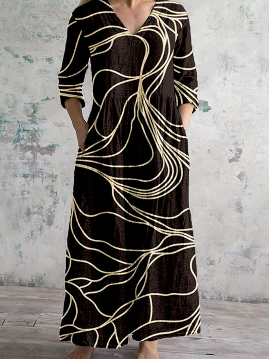 Vintage Abstract Lines Art Pattern Linen Maxi Dress artswardrobe