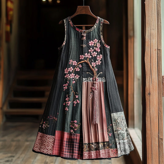 Comstylish Women's Cherry Blossom Embroidery Patchwork Art Linen Tank Dress