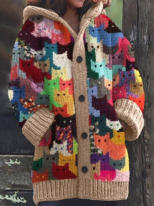 Comstylish Colorful Cats Knit Art Cozy Hooded Cardigan