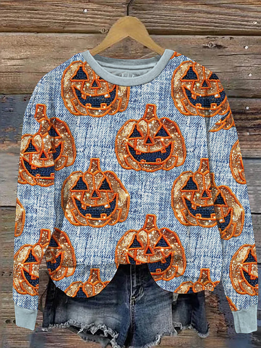 Comstylish Halloween Sequined Pumpkin Casual Sweatshirt