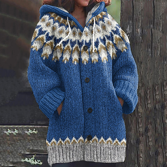 Vintage Iceland Knitted Print Hooded Cardigan Sweater artswardrobe